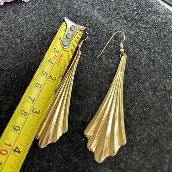 Vintage Gold Tone Fan Drop Earrings, 3.75 Inches - Picture 9 of 11